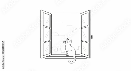Simple line drawing of a cat sitting on a window sill looking at the city skyline with clouds in