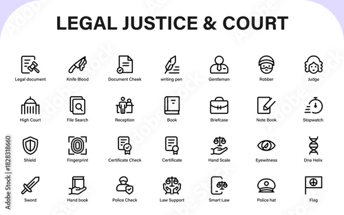 Legal justice and court icons. law enforcement, judicial, security, forensic, and courtroom line icon collection.