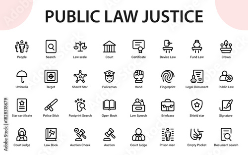 Public law justice icons collection. legal protection, police, criminal investigation, and essential judiciary line icon set.