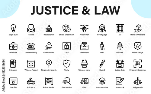 Justice and Law icons collection. law enforcement, court, judicial, legal protection, and attorney line icon set.
