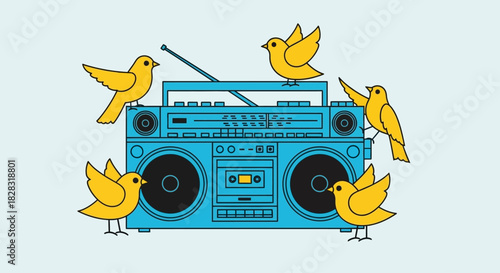 Retro Boombox Surrounded by Singing Birds, Symbolizing Harmony and Nostalgia Through Music