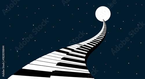 Piano keys forming a path to the moon under a starry night sky design, whimsical musical journey art