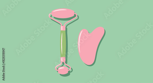 Pink facial roller and gua sha on pastel green background offer beauty wellness concept minimal