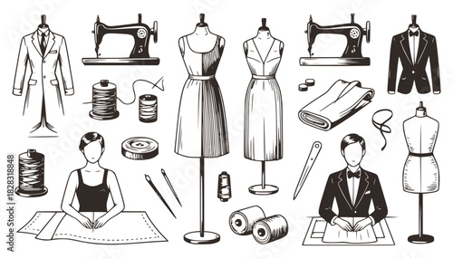 Black and white vintage engraving style vector set of tailoring, fashion design, and sewing tools, including mannequins, sewing machines, threads, needles, fabric, and people working