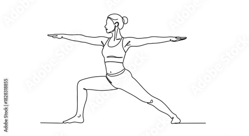 One line drawing illustration of a woman in warrior two yoga pose workout