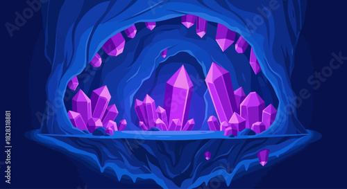 Mystical Cave with Glowing Crystals and Intricate Rock Formations in Blue Tones