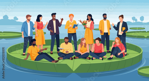 Multicultural group of friends celebrating on giant water lily pad in the lake cheerful atmosphere