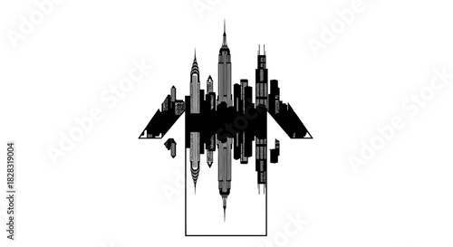 Monochromatic architectural rendering of a mirrored urban cityscape, a blend of creativity and