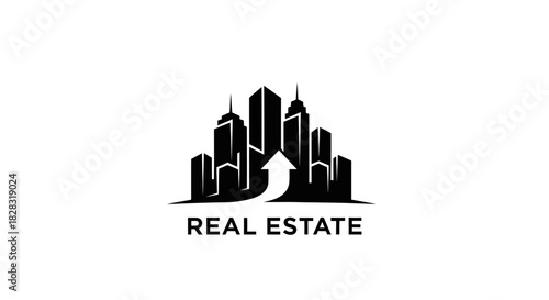 Modern real estate logo design featuring skyscrapers and upward arrow illustrating growth