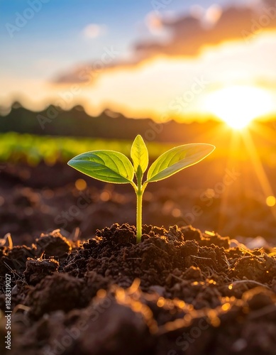 A young sprout emerges from the soil, illuminated by the bright sun setting over a field. Golden light bathes the scene
