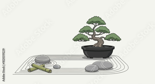 Minimalist zen garden with bonsai tree stones and bamboo for meditation art therapy concept