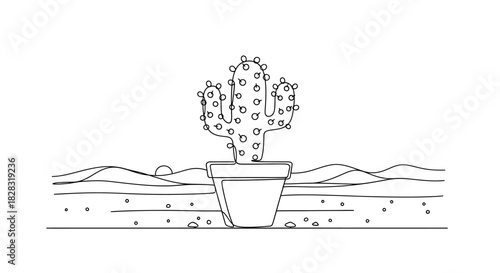 Minimalistic illustration of a cactus in a pot, set against a desert landscape at sunrise