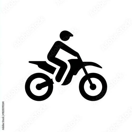 Minimal motocross rider pictogram on motorcycle, bold black silhouette icon on white background representing dirt biking, speed and off road sport action
