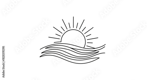 Minimalist sun rising over the ocean waves line art illustration for summer concept and vacation