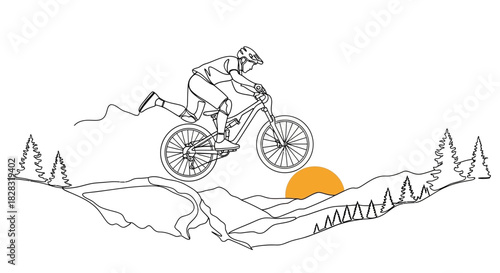 Minimalist mountain bike illustration captures the thrill of extreme sports and the beauty of nature