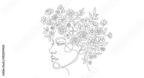 Minimalist line art portrait of a woman with flowers adorning her head beautifully and elegantly