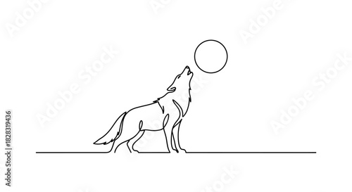 Minimalist line art of a howling wolf under the moon conveys wilderness and tranquility