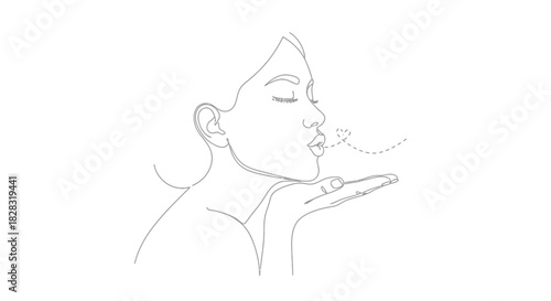 Minimalist line art of a woman blowing a kiss expressing affection and romance with simplicity and