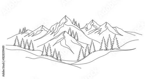 Minimalist Line Art Illustration of Mountain Range with Pine Trees Landscape