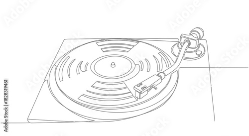 Minimalist Line Art Illustration of a Turntable with Vinyl Record and Tone Arm 50s Retro Music