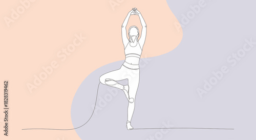 Minimalist line art illustration of a woman in tree pose for yoga and meditation promoting