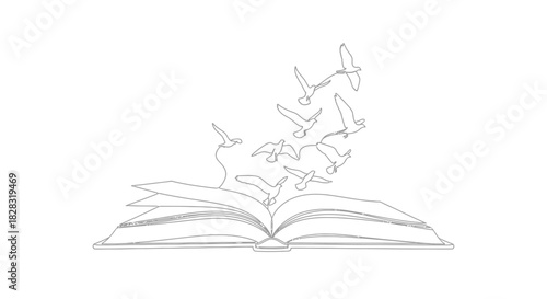 Minimalist Line Art Illustration of a Book with Birds Taking Flight representing knowledge and
