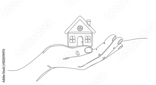 Minimalist line art illustration of a house resting gently on an open hand offering security
