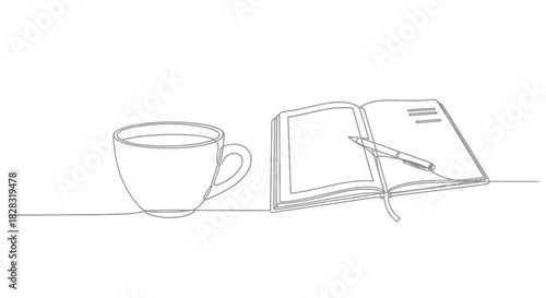 Minimalist line art illustration featuring a coffee cup and open notebook with pen for creative