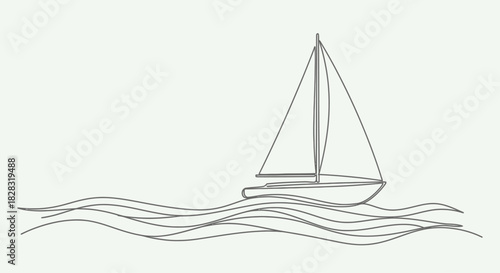 Minimalist line art drawing of a sailboat on wavy sea water for nautical themes
