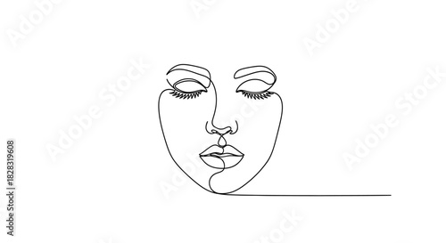 Minimalist continuous line drawing of a woman's face evoking peace and serenity