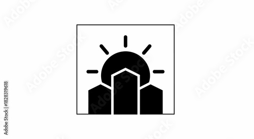 Minimalist cityscape logo design with sun rising over modern architecture