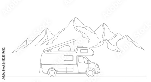 Minimalist campervan illustration in front of a mountain range, travel and adventure illustration