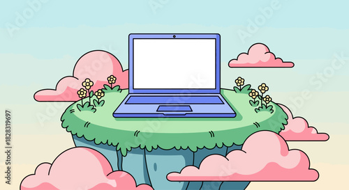Laptop on a floating island surrounded by clouds represents a digital paradise and productivity in