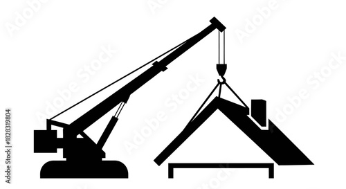 Illustration of crane lifting roof elements during house construction concept