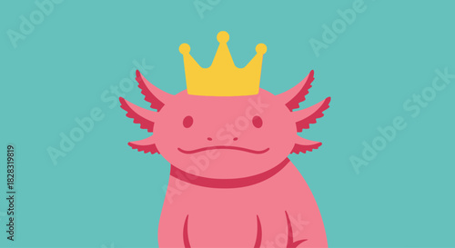Illustration of an axolotl wearing a crown against a blue background cartoon