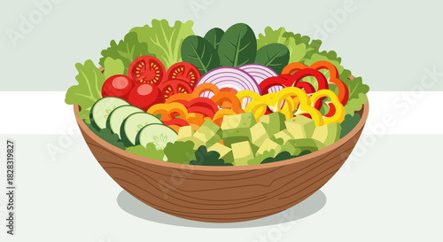 Illustration of a vibrant and colorful mixed vegetable salad in a wooden bowl showing healthy eating