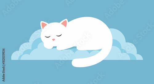 Illustration of a serene white cat sleeping peacefully on a fluffy cloud in the sky