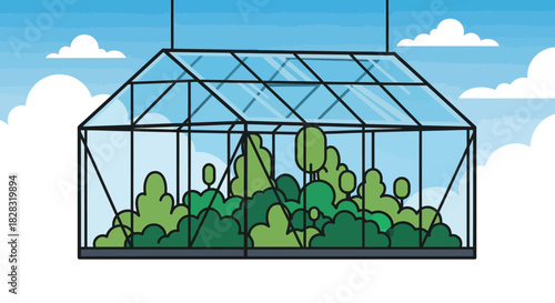 Illustration of a greenhouse filled with plants under a cloudy sky with a light blue background
