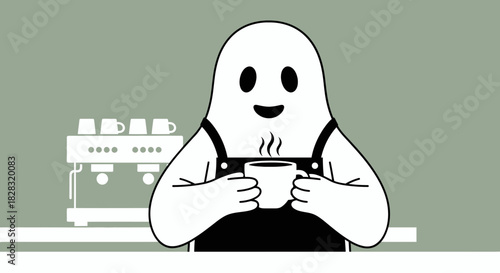 Halloween barista ghost serving coffee illustration with coffee machine and cups on the background