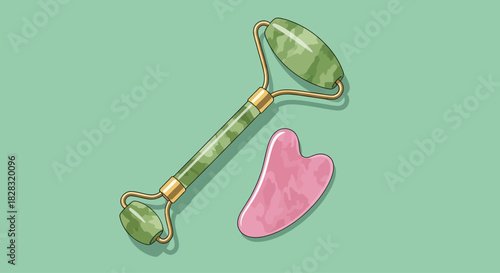 Green Jade Facial Roller and Pink Gua Sha Tool on a Light Green Background Illustrating Skincare
