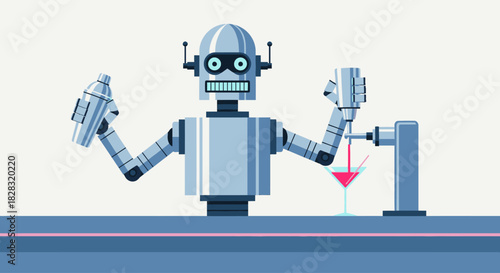 Futuristic mixology: a robot bartender preparing a cocktail with precision and style