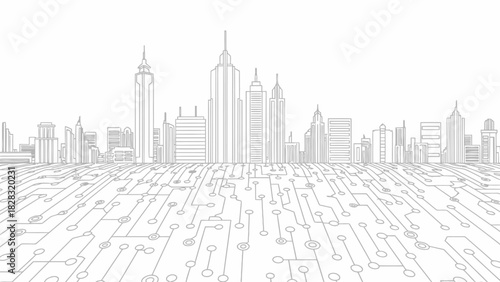 Futuristic cityscape integrated with circuit board design and connectivity concept