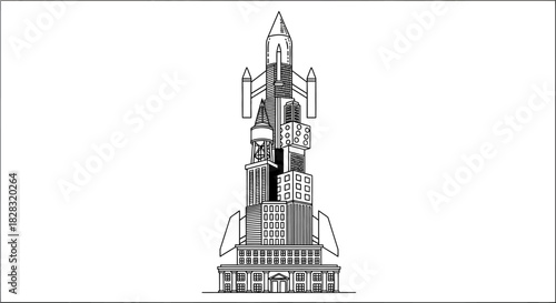 Futuristic architectural concept combining urban skyline and space rocket design elements