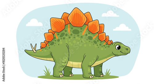 Friendly Stegosaurus Cartoon Illustration Amidst Clouds and Greenery in Serene Design