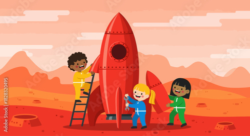 Enthusiastic children collaboratively building a rocket ship on a martian landscape
