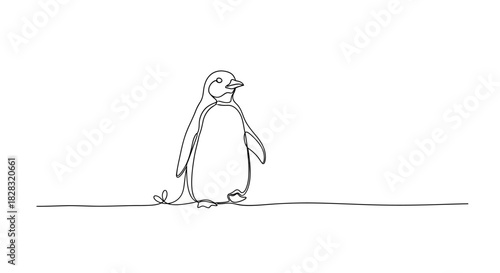 Elegant single line drawing of a penguin standing gracefully on a simple line