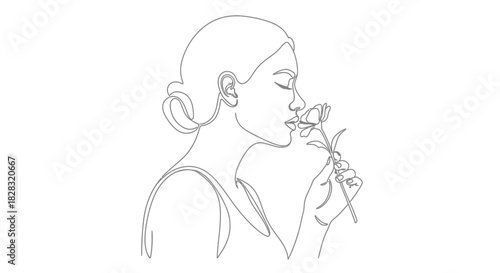 Elegant single line drawing of a woman smelling a flower in graceful simplicity