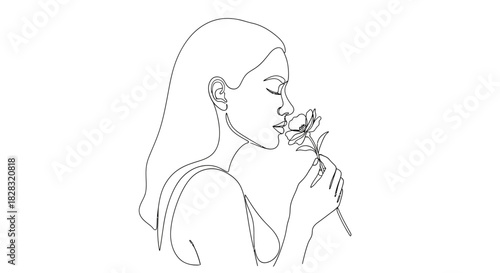 Elegant line art portrait of a woman smelling a flower conveying beauty and serenity