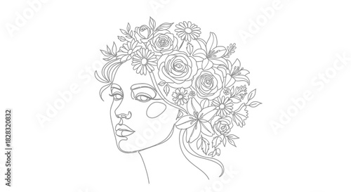 Elegant line art illustration of a woman's face adorned with flowers artistic representation