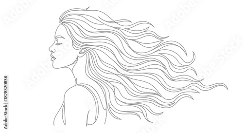 Elegant line art illustration of a woman with flowing hair showcasing beauty and simplicity